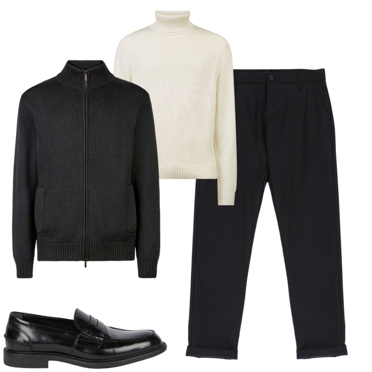 Outfit uomo - B&w. Stile Urban per Tutti i giorni. Abbinamento con pantaloni, cardigans, maglieria, scarpe stringate.