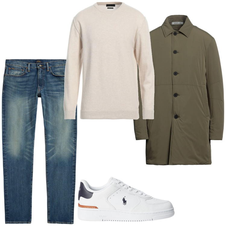 Outfit uomo - Total look #2025153. Stile Casual per Tutti i giorni. Abbinamento con pullovers, trench, sneakers, jeans.