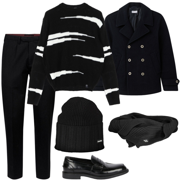 Outfit uomo - La sera della Vigilia. Stile Trendy per Tutti i giorni. Abbinamento con cappotti, maglieria, pantaloni, berretti, sciarpe, scarpe stringate.