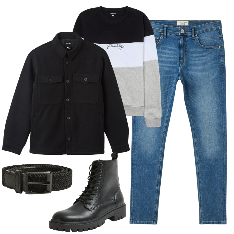 Outfit uomo - City. Stile Urban per Tutti i giorni. Abbinamento con felpe, cappotti, anfibi, jeans slim fit, cinture.