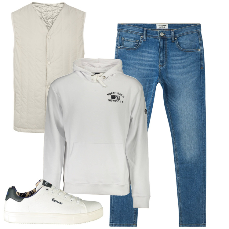 Outfit uomo - Total look #2025164. Stile Casual per Tutti i giorni. Abbinamento con jeans slim fit, piumini, sneakers, felpe con cappuccio.