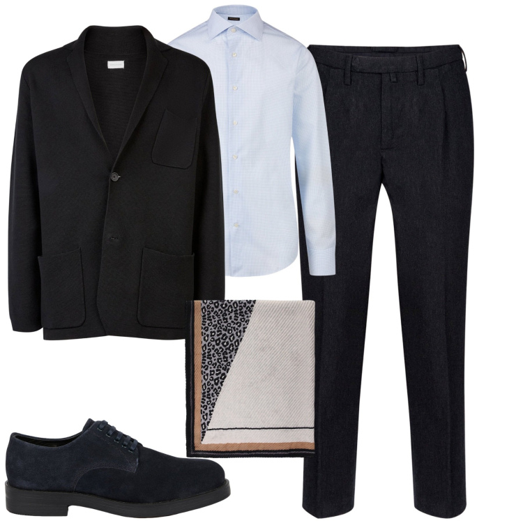 Outfit uomo - In ufficio. Stile Business/Elegante per Ufficio. Abbinamento con sciarpe e foulard, scarpe stringate, cardigans, pantaloni, camicie.