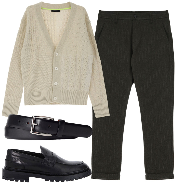 Outfit uomo - Total look #2025182. Stile Urban per Tutti i giorni. Abbinamento con pantaloni, scarpe stringate, cardigans, cinture.