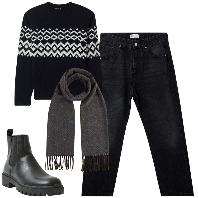 Outfit uomo - Total look #2025188. Stile Casual per Tutti i giorni. Abbinamento con stivali e stivaletti, jeans, maglieria, sciarpe.