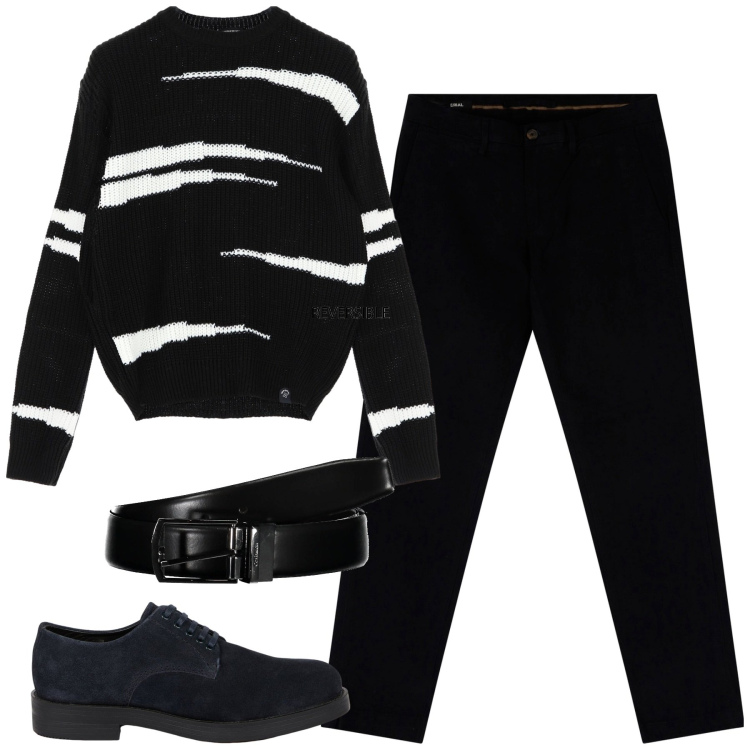 Outfit uomo - City. Stile Casual per Tutti i giorni. Abbinamento con pantaloni chino, maglieria, scarpe stringate, cinture.