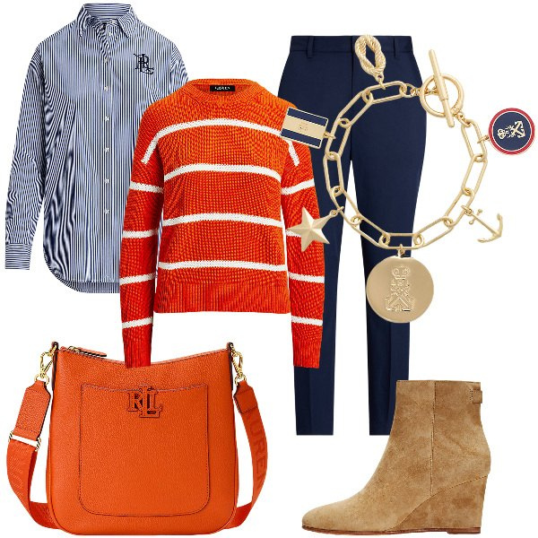 Outfit donna - Total look #2025213. Stile Sporty chic per Tutti i giorni. Abbinamento con camicie, pantaloni, stivaletti, borse a tracolla, braccialetti con ciondoli, maglieria.