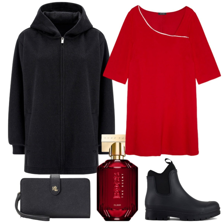 Outfit donna - Rosso a dicembre!. Stile Casual chic per Serata fuori. Abbinamento con profumi, cappotti, pochette, stivali, vestiti corti.