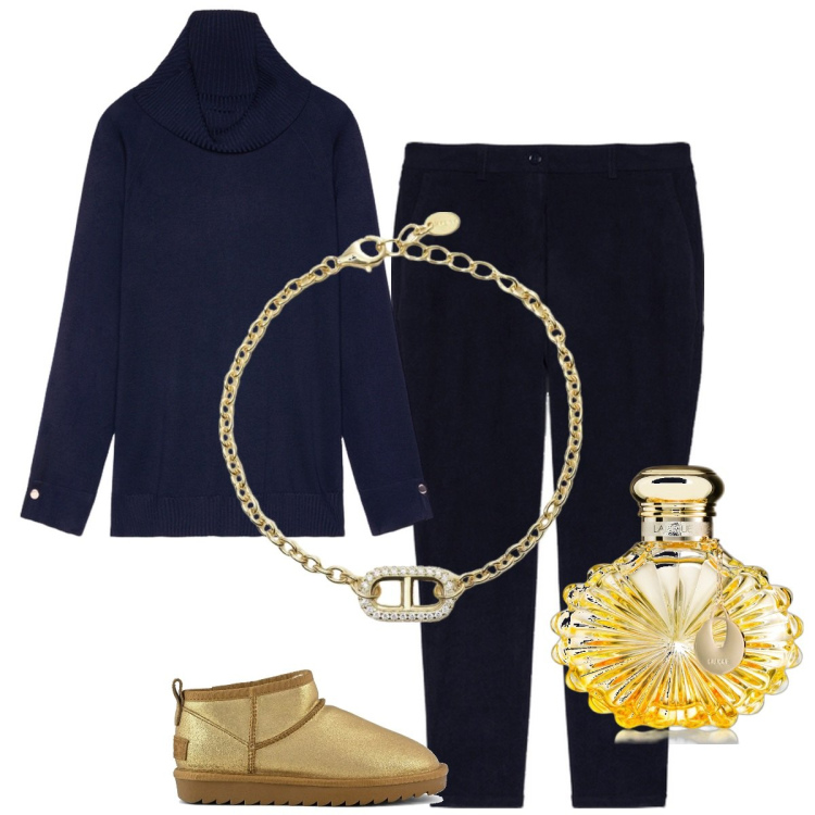 Outfit donna - Dicembre in blu e oro. Stile Casual chic per Serata fuori. Abbinamento con profumi, braccialetti, stivali, maglieria, pantaloni.