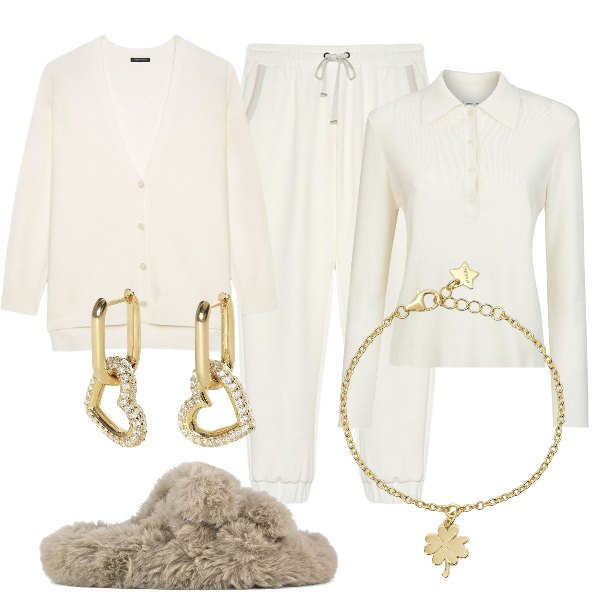 Outfit donna - Homewear holidays. Stile Basic per Tutti i giorni. Abbinamento con orecchini, braccialetti con ciondoli, ciabatte, pantaloni, polo, cardigans.