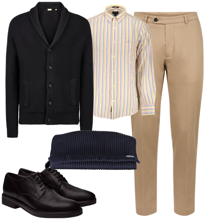 Outfit uomo - City. Stile Urban per Tutti i giorni. Abbinamento con scarpe stringate, pantaloni, sciarpe, camicie, cardigans.