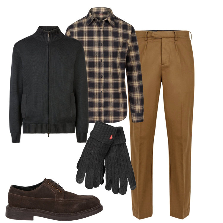 Outfit uomo - City. Stile Urban per Tutti i giorni. Abbinamento con camicie, pantaloni, cardigans, guanti, scarpe stringate.
