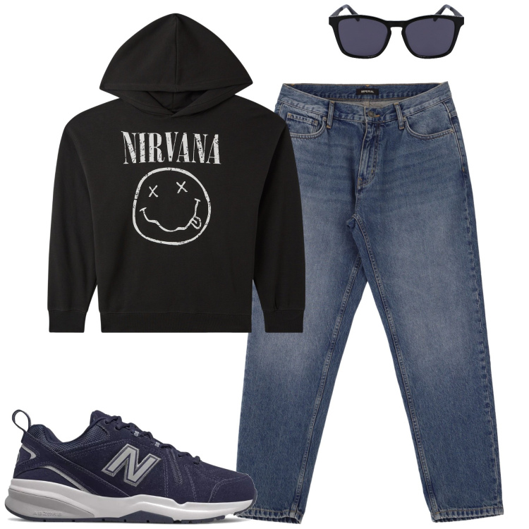 Outfit uomo - Total look #2025260. Stile Casual per Tutti i giorni. Abbinamento con sneakers, felpe con cappuccio, jeans, occhiali da sole.