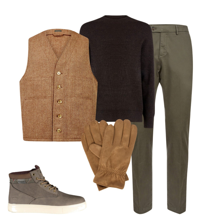 Outfit uomo - City. Stile Urban per Tutti i giorni. Abbinamento con maglieria, gilet, stivali, pantaloni chino, guanti.