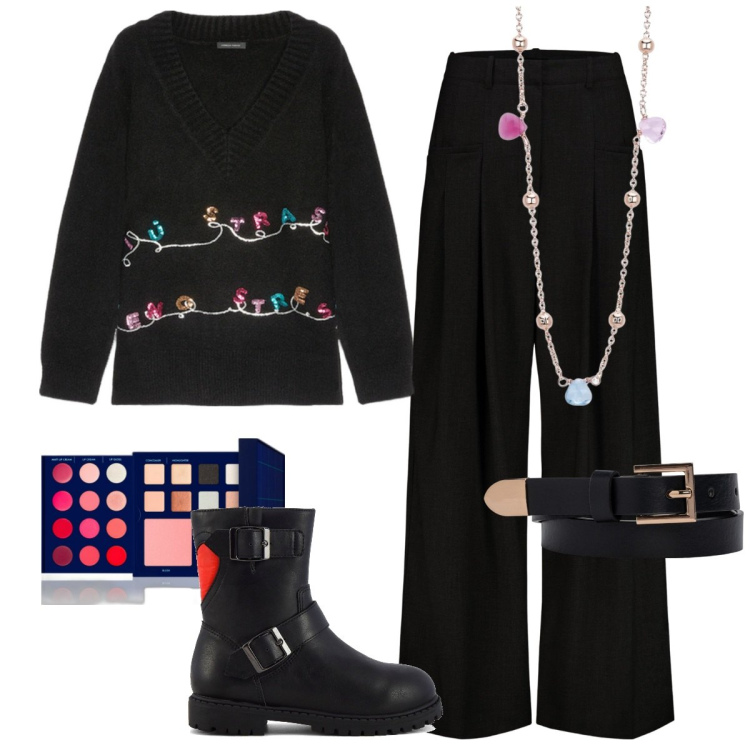 Outfit donna - Natale in famiglia. Stile Casual chic per Serata fuori. Abbinamento con terre, collane, maglieria, pantaloni, stivaletti, cinture.