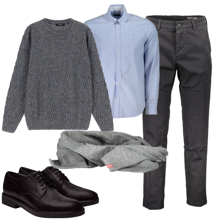 Outfit uomo - In ufficio. Stile Business/Elegante per Ufficio. Abbinamento con maglieria, scarpe stringate, sciarpe, camicie, pantaloni.