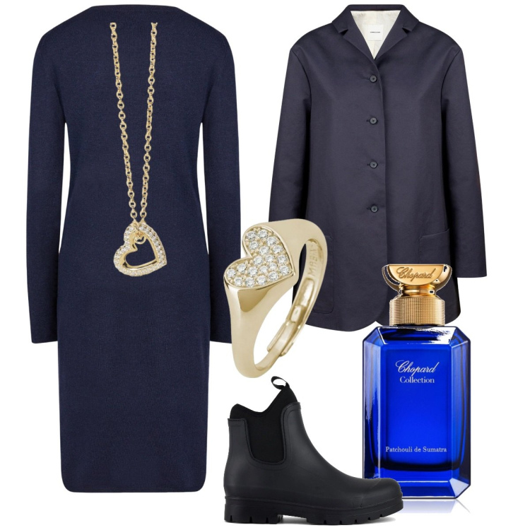 Outfit donna - Dicembre in blu e oro. Stile Casual chic per Serata fuori. Abbinamento con profumi, anelli, collane, vestiti midi/longuette, stivali, trench.