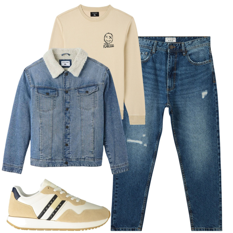 Outfit uomo - City. Stile Casual per Tutti i giorni. Abbinamento con felpe, giacche, jeans strappati, sneakers.