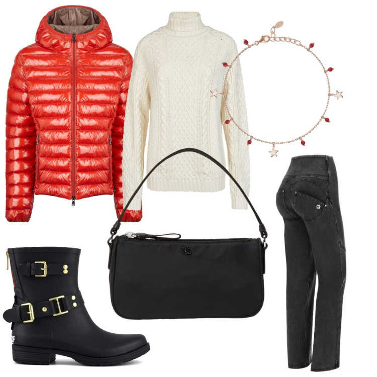 Outfit donna - Il piumino rosso a dicembre. Stile Sporty chic per Tutti i giorni. Abbinamento con braccialetti con ciondoli, jeans, pochette, blazer, stivali, maglieria.