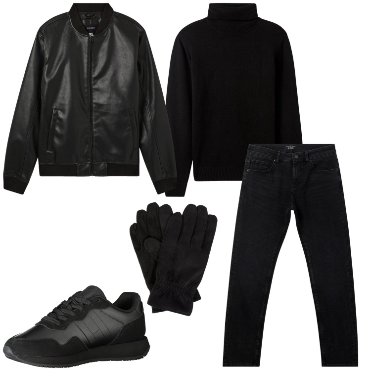 Outfit uomo - Dettagli in pelle. Stile Trendy per Serata speciale. Abbinamento con jeans, bomber, maglieria, sneakers, guanti.