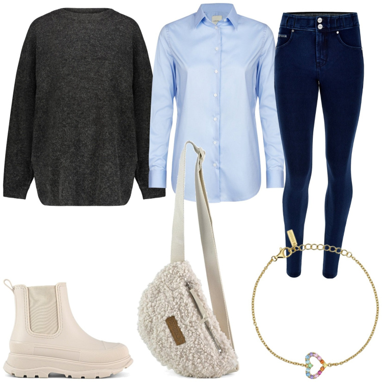 Outfit donna - Natale in famiglia. Stile Basic per Tutti i giorni. Abbinamento con braccialetti, jeans slim fit, stivali, marsupi, maglieria, camicie.