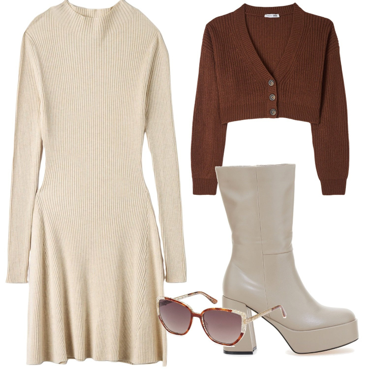 Outfit donna - Total look #2025350. Stile Casual chic per Ufficio. Abbinamento con vestiti midi/longuette, cardigans, stivali, occhiali da sole.