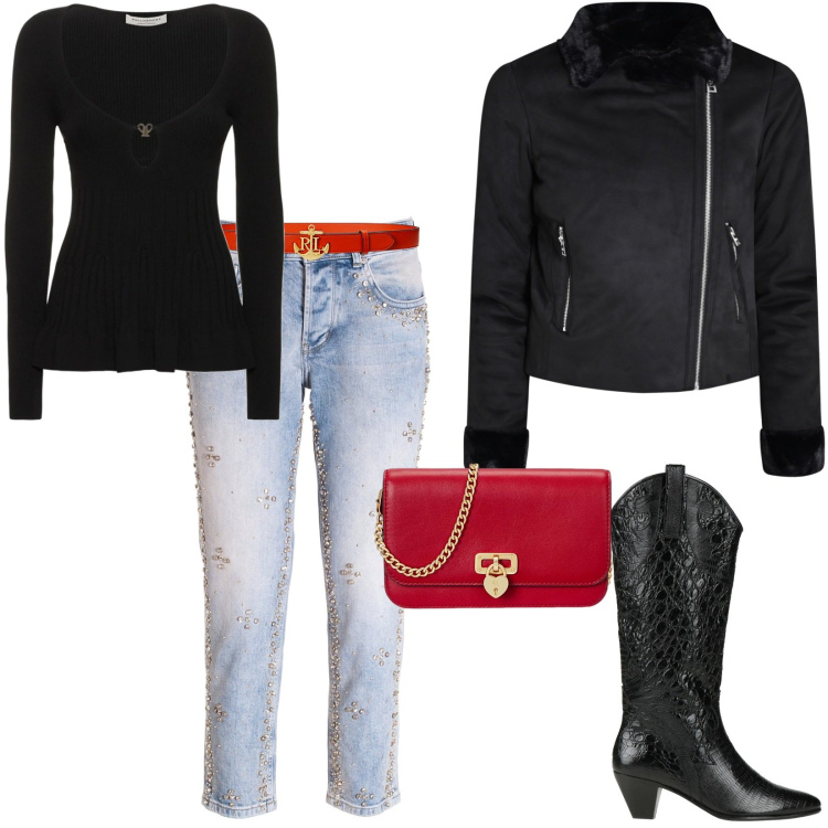 Outfit donna - Total look #2025362. Stile Trendy per Tutti i giorni. Abbinamento con stivali, giacche, jeans, portafogli, cinture, top.