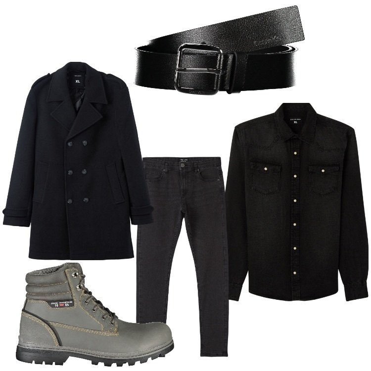 Outfit uomo - Denim su denim. Stile Casual per Tutti i giorni. Abbinamento con camicie, jeans skinny, cappotti, stivali, cinture.