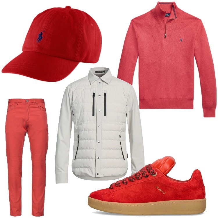 Outfit uomo - Bianco, rosso e minimal. Stile Casual per Tutti i giorni. Abbinamento con pantaloni, piumini, cappelli, maglieria, sneakers.