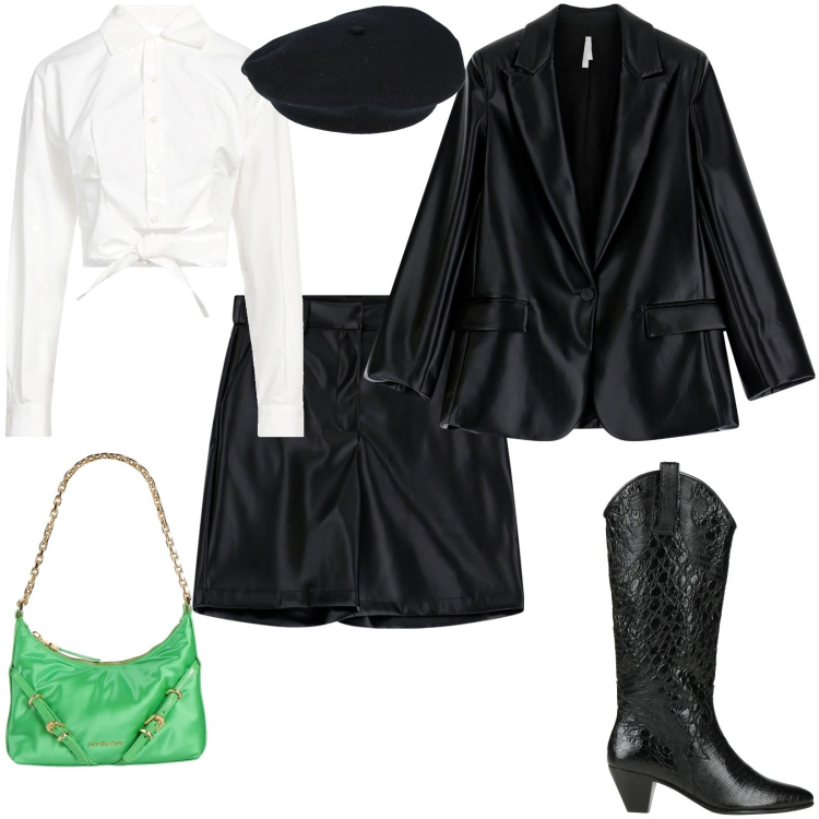 Outfit donna - Total look #2025371. Stile Trendy per Serata fuori. Abbinamento con stivali, cappelli, camicie, borse a mano, shorts, blazer.