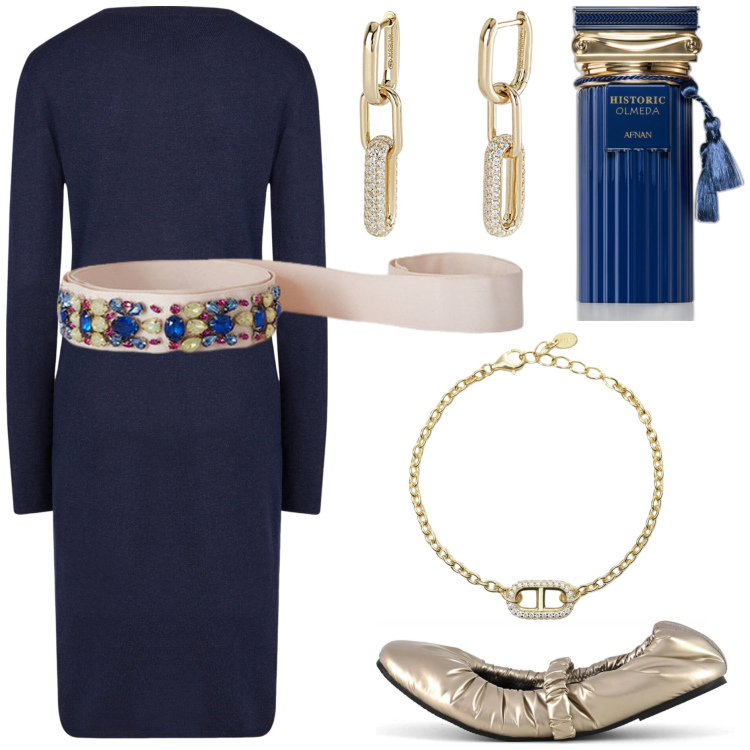 Outfit donna - Dicembre in blu e oro - antonellal. Stile Bon Ton per Tutti i giorni. Abbinamento con profumi, orecchini, braccialetti, vestiti midi/longuette, ballerine, cinture.