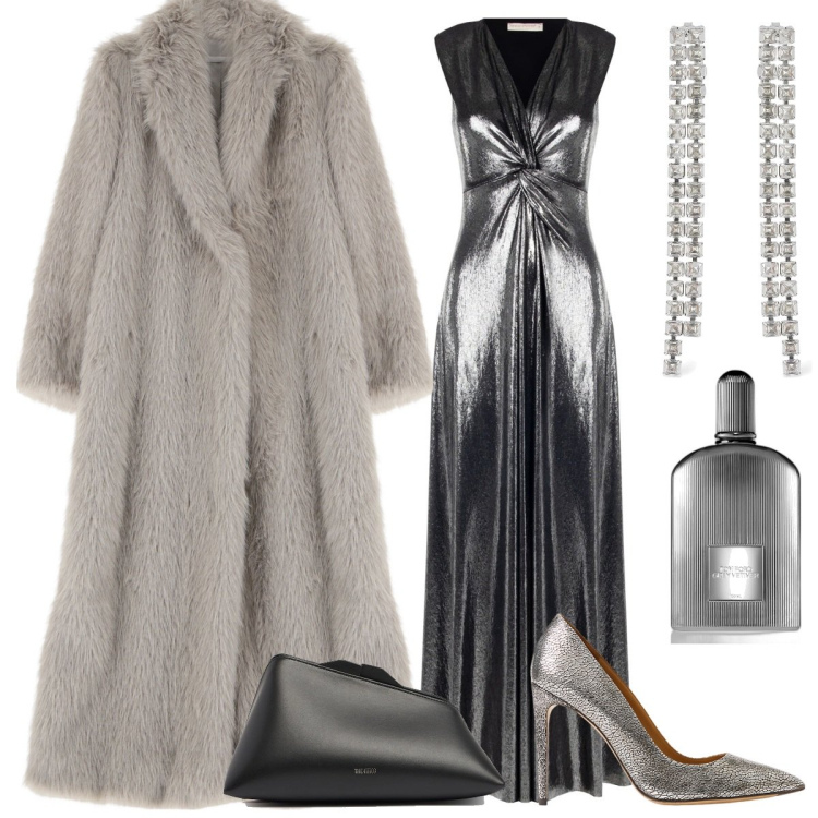 Outfit donna - Total look #2025377. Stile Chic per Cerimonia. Abbinamento con profumi, vestiti lunghi, ecopellicce, décolleté, pochette, orecchini.