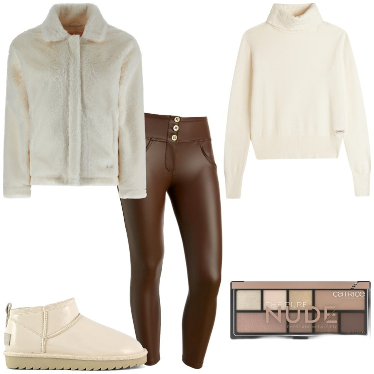 Outfit donna - A casa. Stile Casual per Tutti i giorni. Abbinamento con ombretti, cappotti, maglieria, pantaloni skinny, stivali.