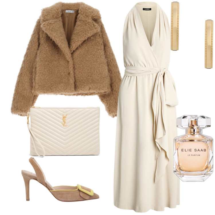 Outfit donna - Scambio auguri in ristorante chic. Stile Glamour per Serata fuori. Abbinamento con décolleté, profumi, blazer, vestiti senza maniche, orecchini, pochette.