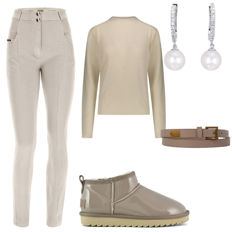 Outfit donna - Bianco Natale. Stile Casual chic per Tutti i giorni. Abbinamento con orecchini, pantaloni skinny, pullovers, stivali, cinture.