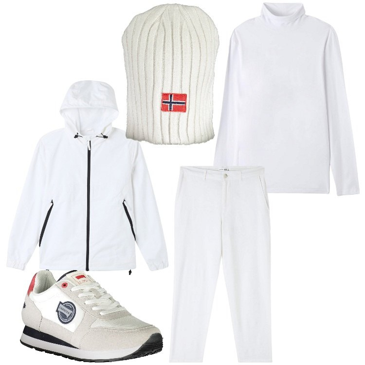 Outfit uomo - Bianco Natale. Stile Casual per Tutti i giorni. Abbinamento con pantaloni, giacche, t-shirt, berretti, sneakers.