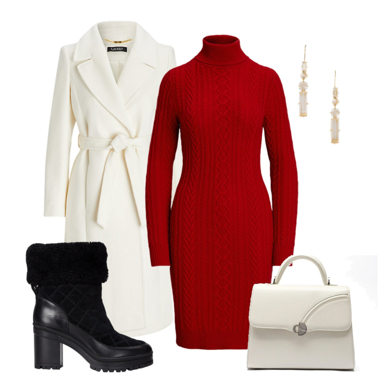 Outfit donna - Rosso Natale. Stile Casual chic per Serata fuori. Abbinamento con cappotti, vestiti, orecchini, stivaletti, borse a mano.