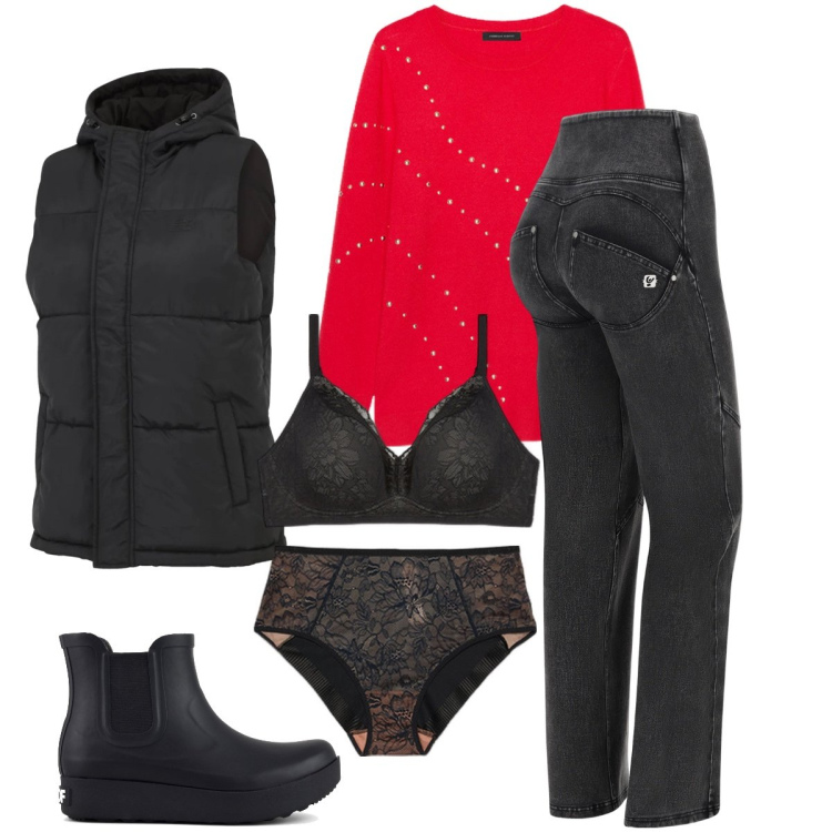 Outfit donna - Natale in famiglia. Stile Casual chic per Tutti i giorni. Abbinamento con gilet, jeans, culotte, stivali, maglieria, reggiseni.