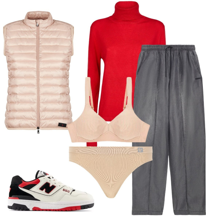 Outfit donna - Il dolcevita rosso. Stile Basic per Tutti i giorni. Abbinamento con sneakers, perizomi, jeans, piumini, maglieria, reggiseni.