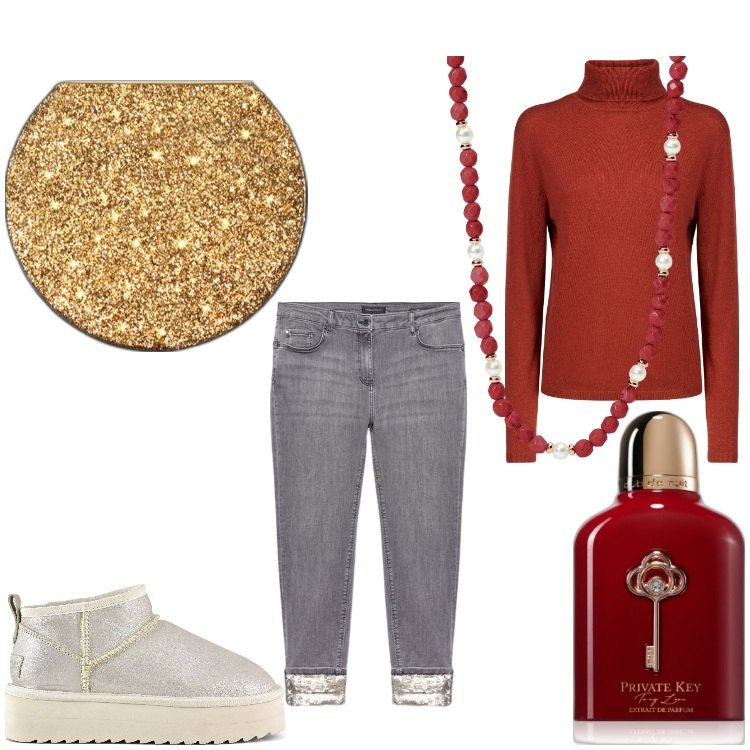 Outfit donna - Polvere di stelle. Stile Casual per Tutti i giorni. Abbinamento con profumi, ombretti, collane, stivaletti, jeans skinny, maglieria.