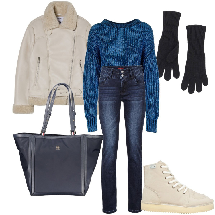 Outfit donna - Contrasti chiari. Stile Urban per Tutti i giorni. Abbinamento con jeans, stivaletti, blazer, guanti, maglieria, borse a spalla.