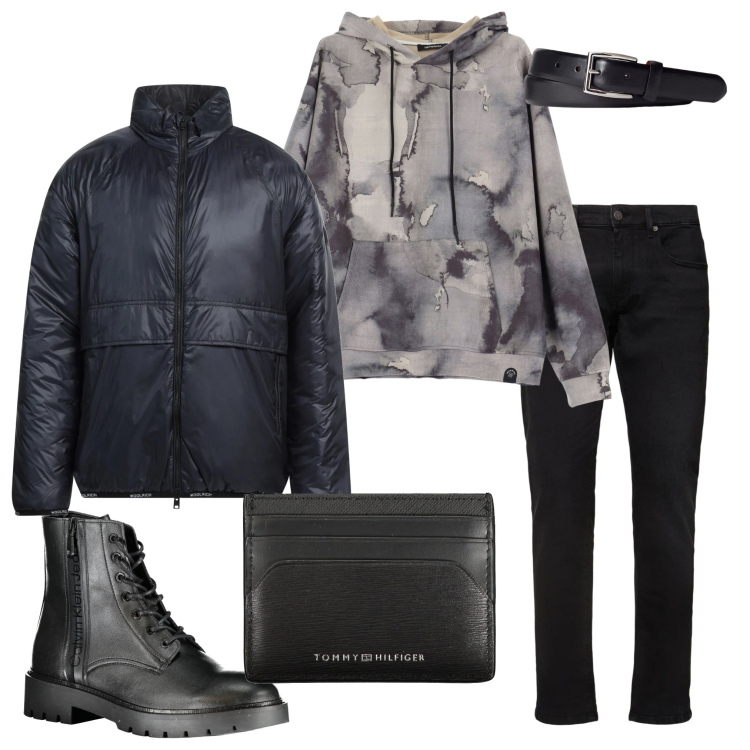 Outfit uomo - Dettagli in pelle. Stile Urban per Tutti i giorni. Abbinamento con giacche, felpe con cappuccio, cinture, stivali, jeans slim fit, portafogli.