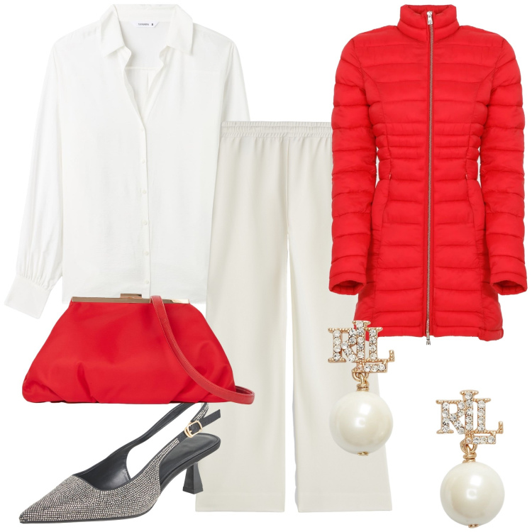 Outfit donna - Merry Christmas!!! Cin cin!!!. Stile Bon Ton per Serata fuori. Abbinamento con décolleté, camicie, pantaloni a palazzo, piumini, orecchini, pochette.