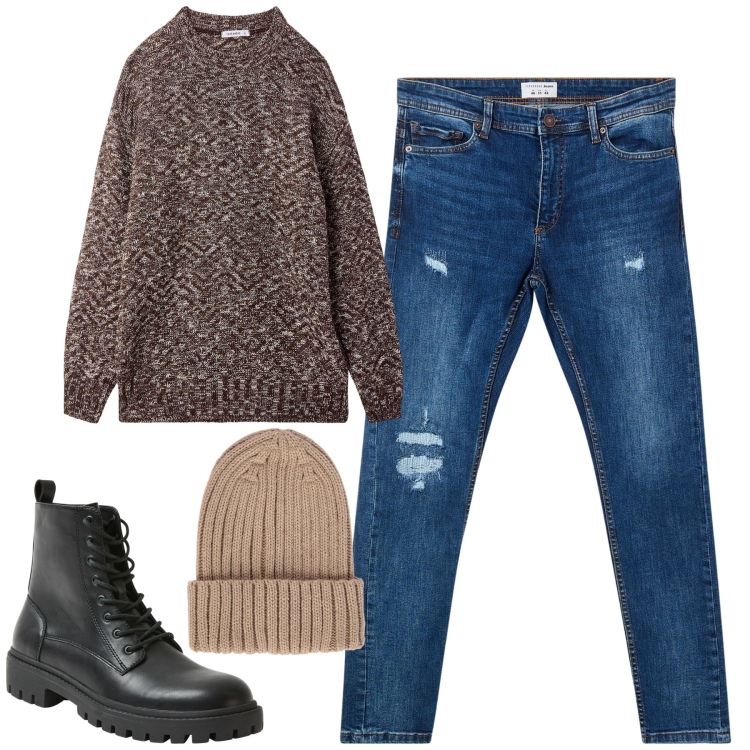 Outfit uomo - Total look #2025431. Stile Casual per Tutti i giorni. Abbinamento con anfibi, jeans strappati, maglieria, berretti.