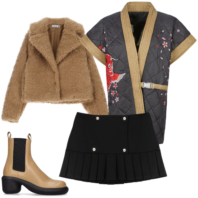 Outfit donna - Party girl. Stile Trendy per Serata fuori. Abbinamento con blazer, minigonne, kimono, stivaletti.