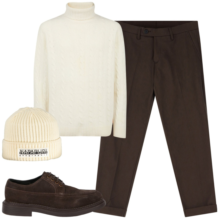 Outfit uomo - Il maglione bianco. Stile Urban per Tutti i giorni. Abbinamento con pantaloni chino, scarpe stringate, maglieria, berretti.
