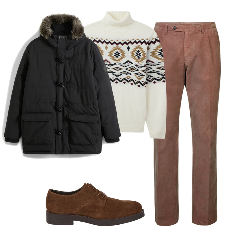 Outfit uomo - Dicembre. Stile Urban per Tutti i giorni. Abbinamento con piumini, maglieria, pantaloni, scarpe stringate.