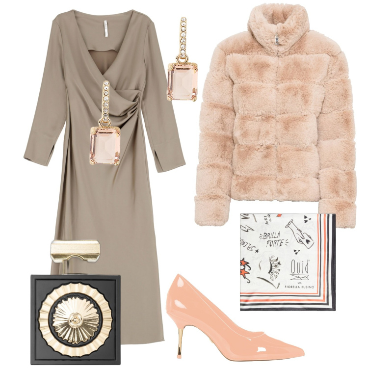 Outfit donna - Per una cerimonia. Stile Chic per Cerimonia. Abbinamento con ecopellicce, profumi, décolleté, vestiti, orecchini, foulard.