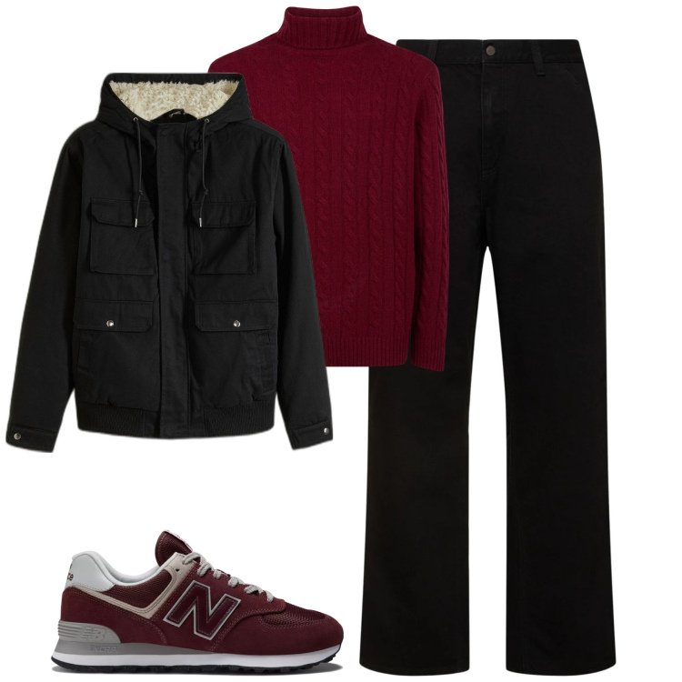 Outfit uomo - City. Stile Urban per Tutti i giorni. Abbinamento con piumini, sneakers, maglieria, jeans.