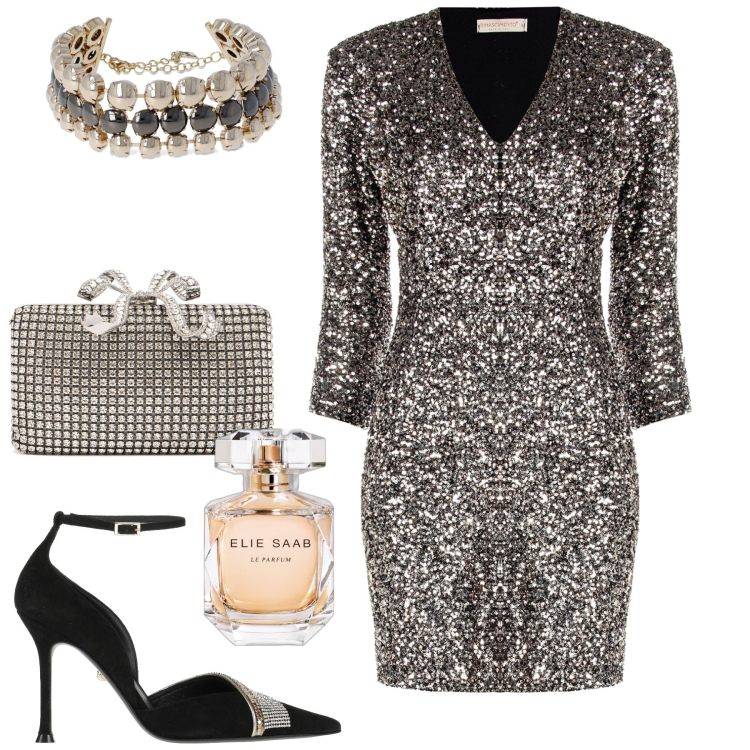Outfit donna - Ultimo dell\' anno. Stile Glamour per Serata fuori. Abbinamento con décolleté, profumi, vestiti midi/longuette, collane, pochette.