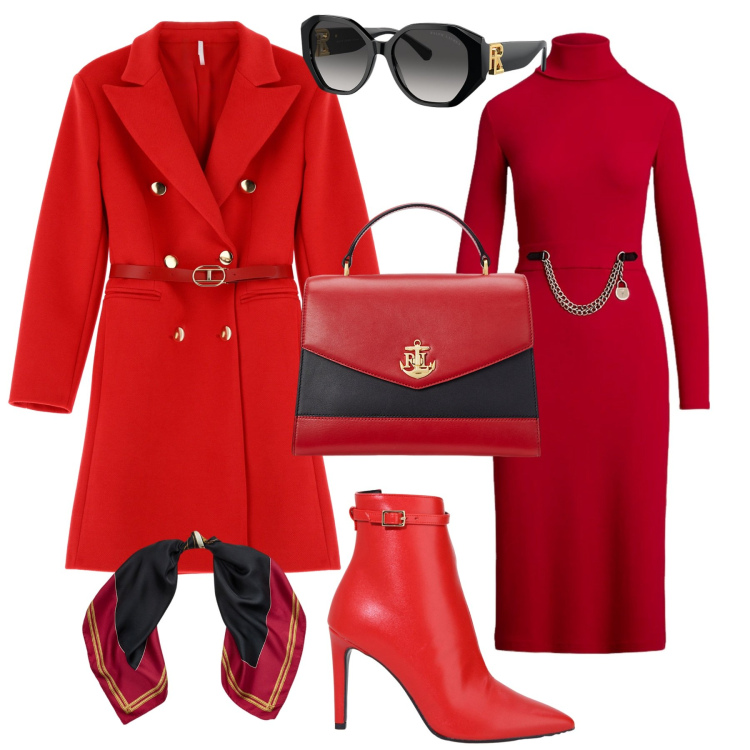 Outfit donna - Total look #2025472. Stile Glamour per Tutti i giorni. Abbinamento con stivaletti, cappotti, occhiali da sole, borse a mano, vestiti, foulard.